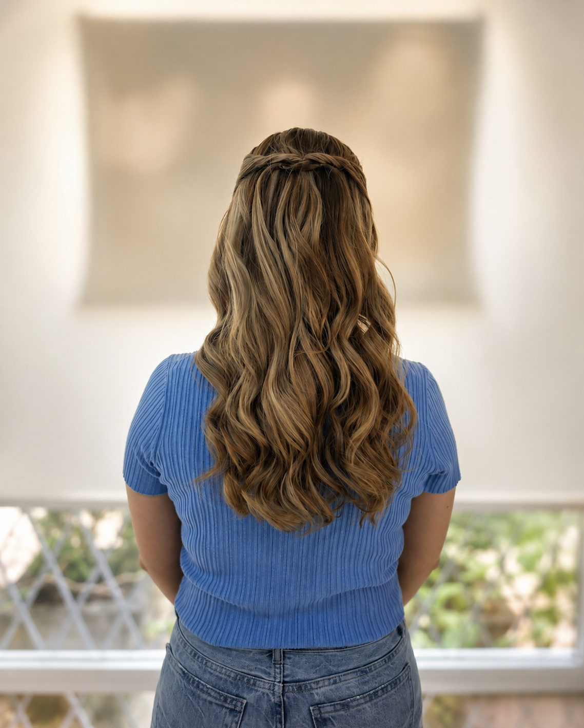 Peinado semi-recogido con ondas Peinado semi-recogido con ondas románticas para eventos en Monterrey