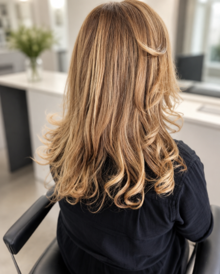 Tratamiento con balayage miel y ondas Tratamiento capilar con balayage rubio miel y ondas brillantes en Gaby López Hair Salón, Monterrey
