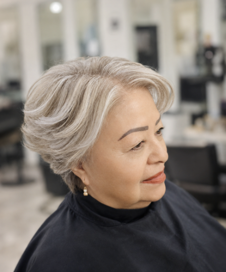 Tratamiento para cabello cano plateado Tratamiento para cabello cano con acabado plateado luminoso en salón de belleza Monterrey